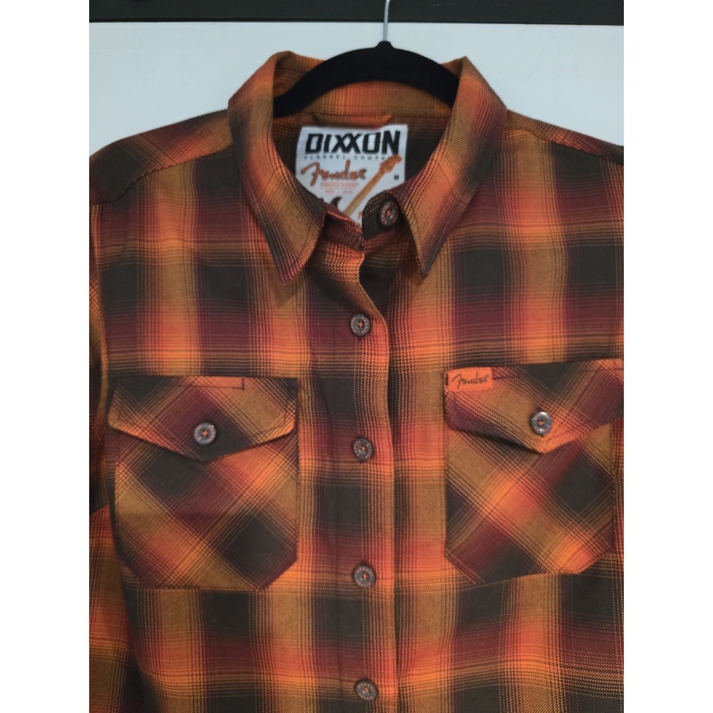 Dixxon Fender Stratocaster 70th Anniv Shirt Womans Orange Plaid Flannel Med NWOT